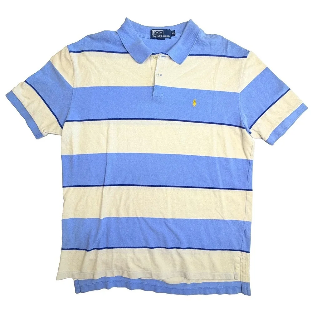 Polo Ralph Lauren Men's XL Blue White Striped Pony Polo Shirt Cotton Rugby